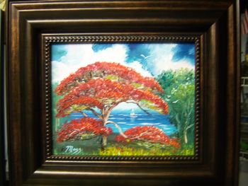 'Red Royal Poinciana Tree and Sailboat" Oil on board, 8 x 10". Loads of Palette knife work. April 13th 2014  (PAINTING was Changed - Mazz added more trees April 2024)
