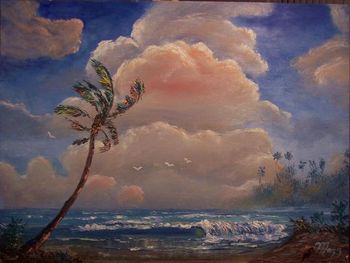 18 x 24" Oil on Masonite Board. Beautiful Clouds and beach scene. Lots of Palette knife work. (July 2005) (Sold-Private collector in Winter Haven, Florida)
