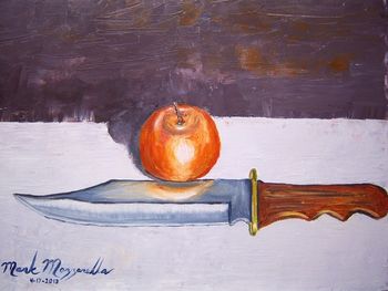 "Bowie knife & Honeybell Orange" Original Oil Painting. Mazz painted his Bowie knife and sweet Honeybell Orange.. He used a palette knife. April 16th 2013. This Original Painting is available or you can..... Buy a Quality Framed Print Here! 
