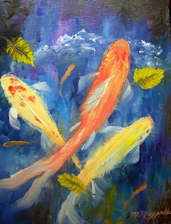 'Koi Fish Swimming in Pond' 11 by 14" Palette knife Oil Painting on gallery wrapped Stretched Canvas. Painted Oct. 31st, 2009.Original is Available or ;  BUY Quality Framed KOI PRINTS HERE!
