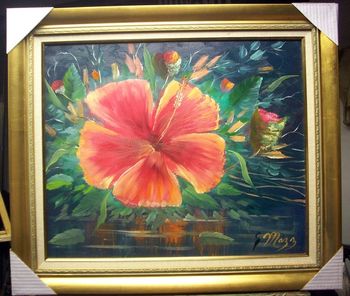 'Hibiscus Flower' 20 by 24" Oil on Masonite Board. Brush and Palette knife. Oct 7th, 2009 (Collector from Vero Beach, FL)
