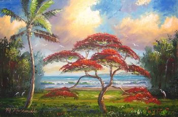 'Royal Poinciana & Whitecaps' 16 by 24" Oil on Masonite Board. Loads of Palette Knife work with some brush. Sept 11th, 2009.
