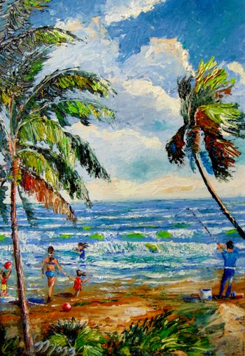 "Fishing at the Beach " 100% Palette knife by Mazz. 8 by 12" Oil on board. 12/05/18.   (Original is Available) You can also  Buy a Framed Print or Canvas Here! 
