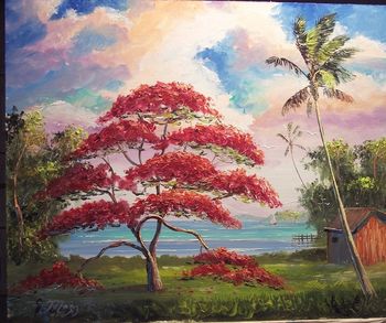 'Royal Poinciana w Shack'20 by 24" Oil on Masonite Board. Lots of Palette knife & brush. Oct 7th 2007 (SOLD - Collector from Quebec Canada)
