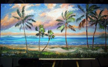 'Tropical Island Beach' Large 24 by 48". Oil on masonite board. Palette Knife & brush. Painted August 31st, 2011 (Commission Painting, Collector from Naperville, illinois)
