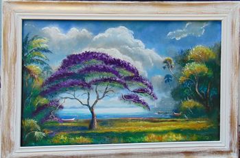 "JACARANDA Tree by the Lagoon" 24 by 36" Oil on Board April 29th 2024.  (ORIGINAL is in Process of being Sold) But You can  Buy a Framed  or Unframed Print Here! 
