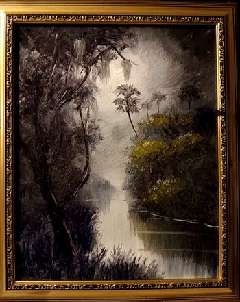 Misty Florida River  St. Lucie.  16 by 20" Oil on Board. Nov. 8th 2023.  (ORIGINAL is Owned by Collector from Port St. Lucie, FL)  But you can  Buy a Framed  or Unframed Print Here! 

