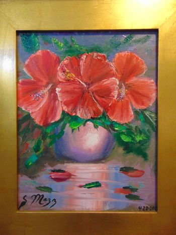 "Hibiscus 3 Flowers in a Vase" Acrylic Painting 11 by 17". Mazz painted this with a palette knife and a brush. April 20th 2013. This Original Painting is SOLD - Collector from Port St.Lucie, Florida)  But you can Buy a Quality Framed Print Here!
