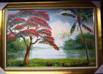 'Royal Poinciana (Flamboyant Tree)' 24 by 36" Oil on masonite board. Palette knife & brush. Painted June 20th, 2010 ( Museum Quality, Wide Frame, Rich Gold Color w/ Gold Leaf. Liner is Beige).
