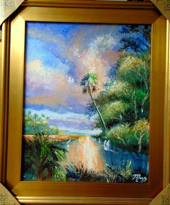 "Palette Knife Florida River" 16 by 20" Oil on Board, July 2nd, 2023.  (ORIGINAL is Available)  Or you can  Buy a Framed  or Unframed Print Here! 
