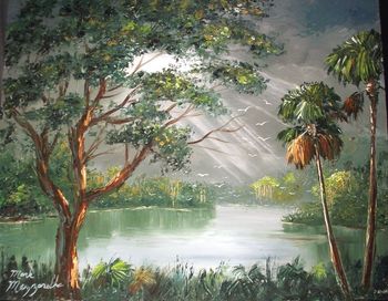 WATCH MAZZ Paint the PALM TREE;http://www.alturl.com/wx8st 'Streaks of Sunshine Florida' Oil Painting. 16 by 20" on masonite board. Palette knife & brush. Painted Aug 22nd, 2010.   (SOLD - Collector from Sun City Center, Florida)
