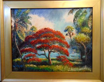 Red Royal Poinciana Tree 16 x 20", Oil on masonite board. April 17th 2024  (Original was SOLD)
