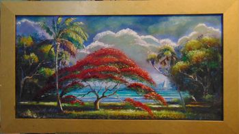 "Royal Poinciana Tree by the Lagoon" 16 by 30" Oil on Board May 8th 2024.  (ORIGINAL is Available) or You can  Buy a Framed  or Unframed Print Here! 
