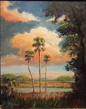 'Cabbage Palm Wilderness' 16 by 20" Oil on Masonite Board. Lots of Palette knife work, plus brush. Oct 17th, 2007 (SOLD - Collector from Orlando, Florida)
