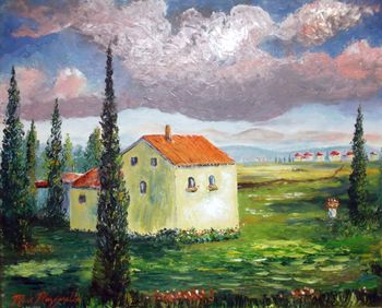 'Old Tuscany Farmhouse' 20 by 24" Oil on Masonite Board. Palette knife & brush. Painted Aug. 30th, 2009Buy a Print Here!
