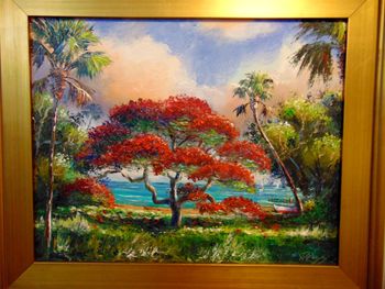Royal Poinciana Tree w/ Boat  16 by 20" Oil on Board. April 12th 2024.  (ORIGINAL is Owned by a Florida Collector) But you can  Buy a Framed  or Unframed Print Here! 
