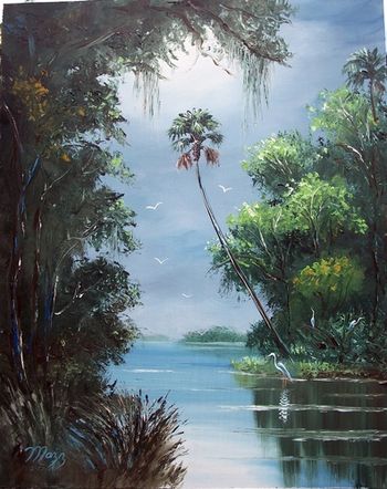 "Misty Florida River" 16 by 20" Oil on Board. (lots of palette knife) Painted Feb 27th. 2007
