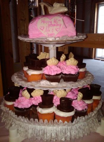 Sweet 16 Cupcake Tree - Cupcakes topped with chocolate tophats and tiaras
