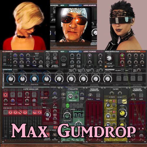 Members of Max Gumdrop - Emila H Thicke, MK Eidson, and Max herself, overlooking a software synthesizer.
