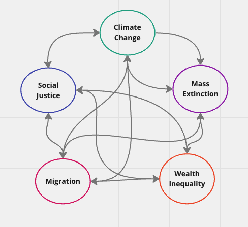 Connections between world crises of climate change, social justice, mass extinction, migration, and wealth inequality