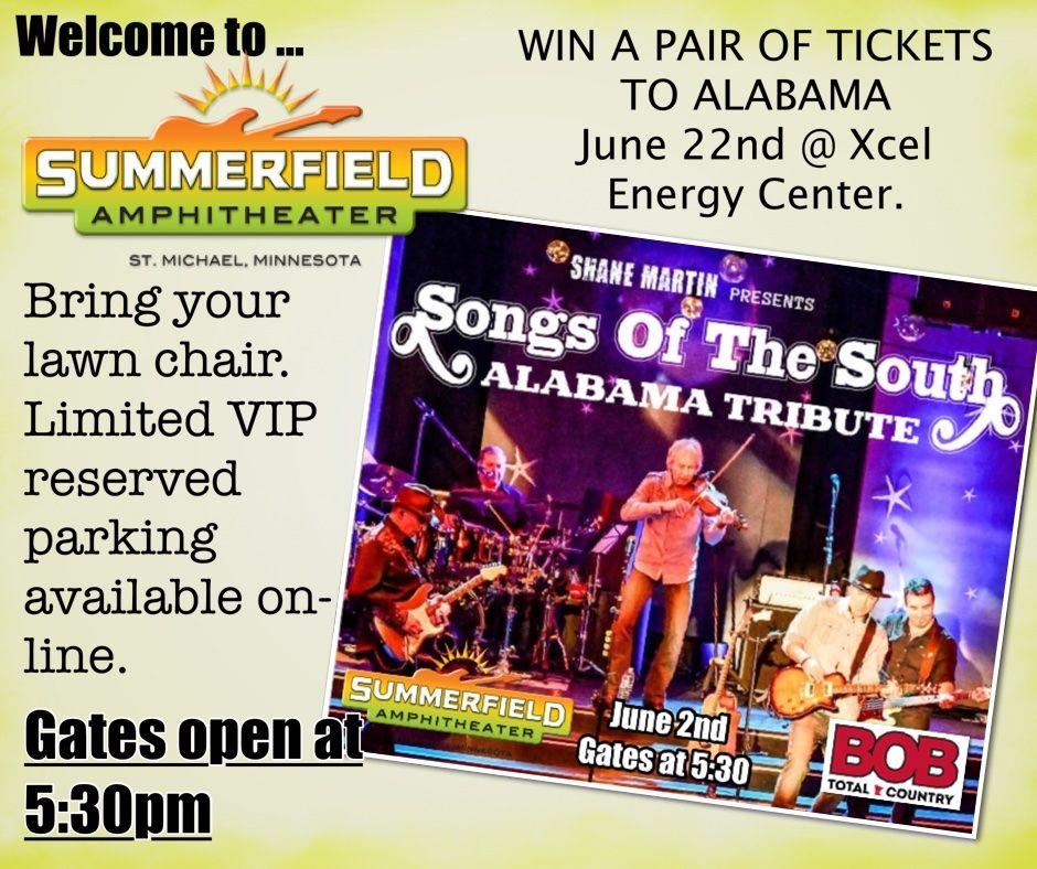 WIN a PAIR of tickets to see ALABAMA June 22 at the Xcel center. Must be present to win!