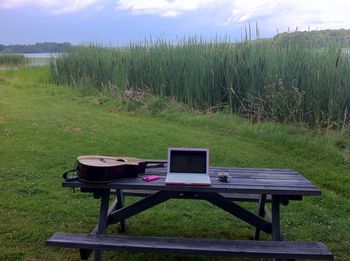Songwriting studio - laptop, guitar, espresso, and view of the lake.
Yes, we brought our espresso maker from home!
