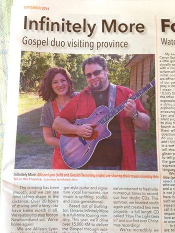 The Newfoundland Anglican newspaper gave us almost a full page article sharing the news of our upcoming tour!
