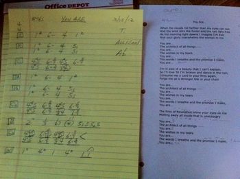 "You Are" - written by Gerald for Allison to sing. On the left is the Nashville Number System chart for the band. On the right is the lyric with Allison's vocal markings.
