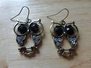 Vintage Black Eyes Rhinestone Owl Drop Earrings 