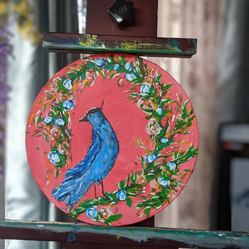 Dutch Blue Good Luck Bird (10-inch round acrylic on canvas)
