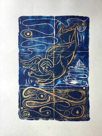 Block Print 19” x 13”, overprinted on gold leaf with ink wash hand decoration
