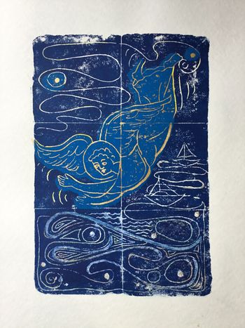 Block Print 19” x 13” , overprinted on gold leaf, with pencil hand decoration
