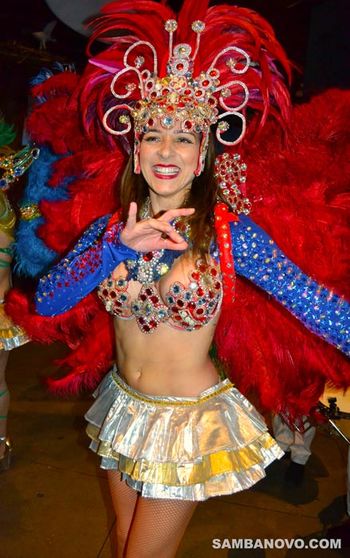 Samba dancer wearing a more conservative skirted costume
