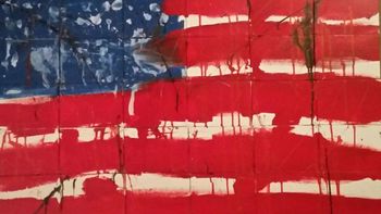 “flag #5”, 42” x 25”, acrylic/ink/spit/wine on conjoined canvas panels.
