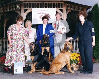 Honey winning Brood Bitch at the 2000 US Nationals with Lulu (Left) and Roxanne (Right) Roxanne took WB/AOM/BOWs that day
