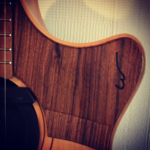 Designed by Jon, made by AJ Williams Guitars. Scratch pad with guiro built in.