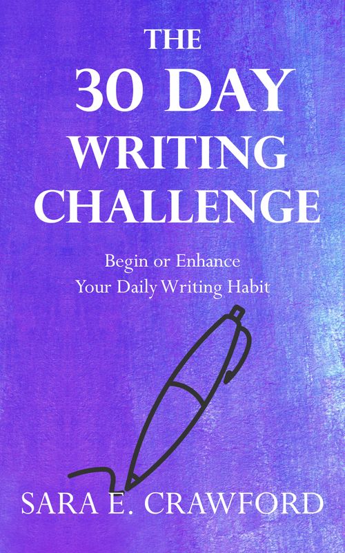 A black outline of a pen writing with the text "The 30-Day Writing Challenge - Begin or Enhance Your Daily Writing Habit - Sara E. Crawford" against a purple background