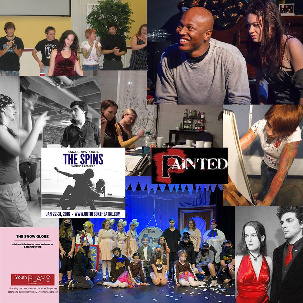 A collage from performances of Sara Crawford's plays, staged readings, and promotional shots from her plays
