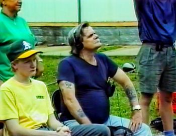 Johnny and son John on movie set of "Paradise Park"
