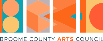 Broome County Arts Council Logo, abstract shapes in orange, yellow, and red representing the letters BCAC