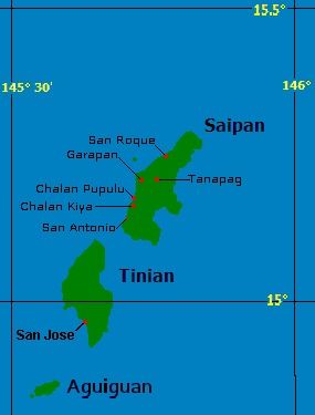 This is a map of Saipan and her sister island "Tinian" where the Enola Gay loaded her payload and dropped the atomic bomb on Hiroshima, Japan in 1941...
