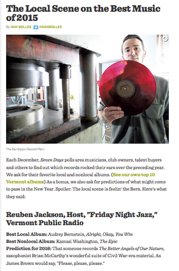 Reuben Jackson, Host, "Friday Night Jazz," Vermont Public Radio  Best Local Album: Audrey Bernstein, Alright, Okay, You Win  SEVEN DAYS 12/30/2015
