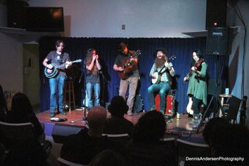 Fast Heart Mart (banjo), Murph (harmonica),  John Henry (guitar), Tyler Gregory (banjo), Jamie Shadowlight (fiddle) December 4th 2015 , photo by Dennis Andersen
