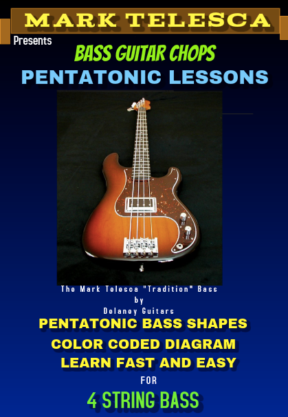 Here is an easy to read, color coded guide to learning your your bass neck. The pentatonic scale is the most used scale in popular music. Especially the Blues! Learn which notes NOT TO PLAY. You will be able to create your own interesting bass lines. Learn how to avoiding those sour sounding notes! Your guitar player will love you!
CLICK ON IMAGE FOR PURCHASE only $6.99