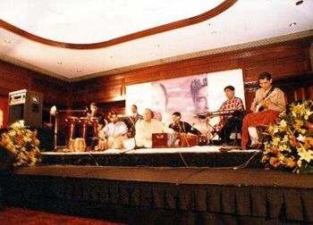 With Late Nusrat Fateh Ali Khan at album launch of Sangam by HMV at St.James Court Hotel London
