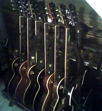 Rack of guitars.
