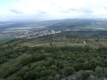 A village in the distance from Mount Carmel.
