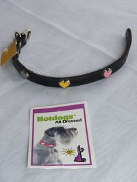 Collar 12"L  1/2" W  (Black leather with multi colored metal hearts)