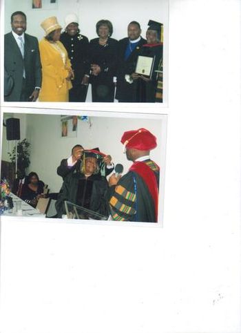 Birthday Celebration and receiving Doctorate. Photo#1 - (left to right) Pastor Dwayne Hill / High Praise Ministries, Minneapolis, Minn, Mother Mary T. Kindred, Lee Etta Van Zandts, First Lady Mary F. Eubandks, Bishop David Eubanks, Mother Taylor 2nd Photo - Bishop Eubanks, Apostle Sylvester Brinson conducting cap ceremony for Mother Taylor