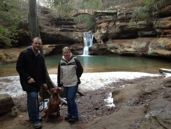 Taj with Doug & Courtney on his first hiking trip in Ohio.
